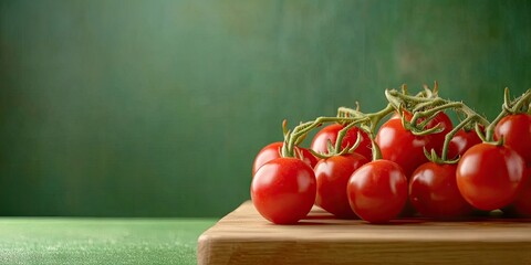 Poster - Cherry tomatoes on a wooden board against a green background. Copy space.