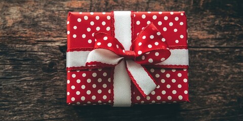 Poster - Red gift box featuring a white ribbon with red polka dots, set against a wooden background for Valentine's Day.