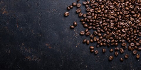 Wall Mural - Food background featuring black roasted coffee beans. Top view with copyspace.