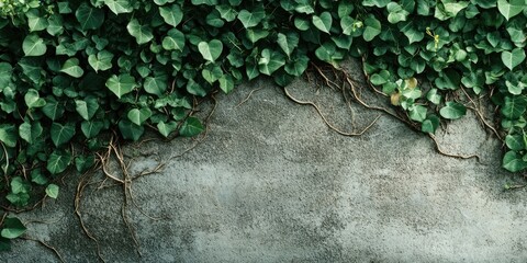 Aufkleber - Green leaf wall texture, natural green leaves and roots covering a concrete wall background with a vintage effect, copy space, eco-friendly concept.