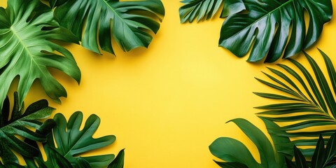 Poster - Tropical green leaves on a bright yellow background with copy space. Nature theme.