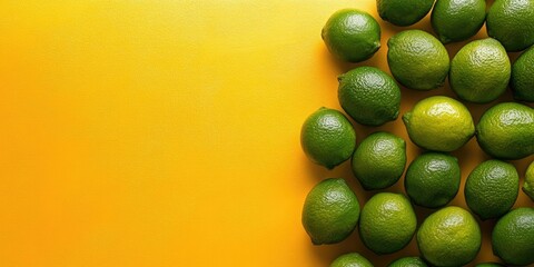 Poster - Ripe limes on a yellow background with copy space.