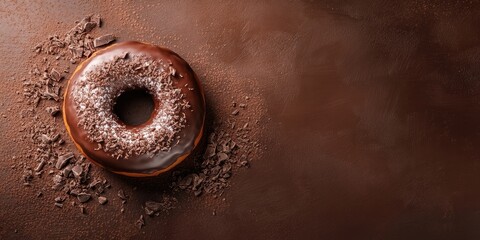 Poster - bitten chocolate donut on a brown background with copyspace above