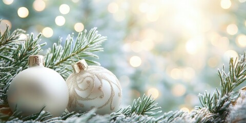 Aufkleber - White Christmas ornaments on fir branches with a blurred background.