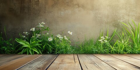 Poster - grass flower on wooden floor texture