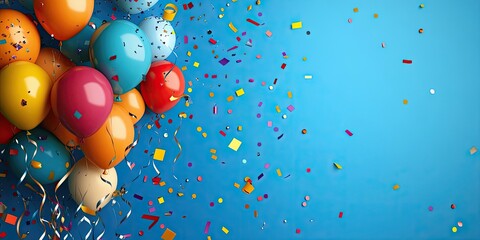 Poster - Blue background featuring balloons, assorted confetti, and streamers for a party atmosphere. Open area for text.