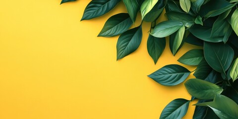 Poster - Tropical green leaves on a bright yellow background with copy space. Nature theme.