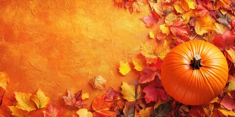 Poster - Autumn festive background featuring a pumpkin and fallen leaves, with copyspace.
