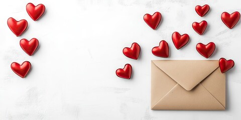Fototapete - Classic Valentine's Day background featuring hearts and an envelope on a white background. Copyspace. Top view.