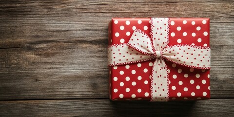Aufkleber - Red gift box featuring a white ribbon with red polka dots, set against a wooden background for Valentine's Day.