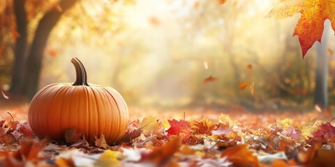 Poster - Autumn festive background featuring a pumpkin and fallen leaves, with copyspace.