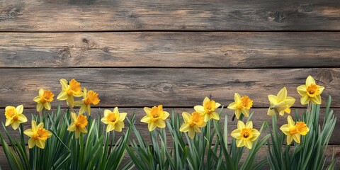 Sticker - Daffodils against a wooden background.