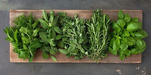 Poster - a collection of freshly picked garden herbs on a wooden board viewed from above