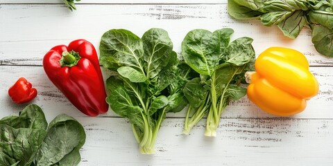 Poster - sorrel, tarragon, turnip cabbage leaves paired with sweet bell pepper on a white wooden background