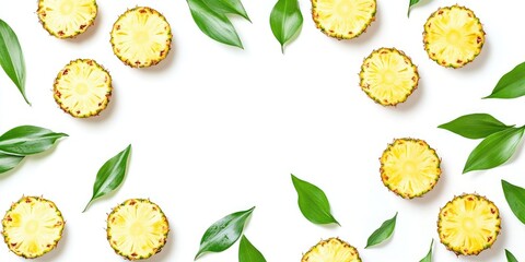Poster - Sliced pineapple adorned with green leaves, set against a white background with copy space for your text. Top view.