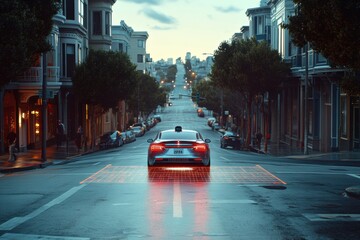 Leinwandbilder - A self-driving car uses onboard AI systems to navigate through urban streets as twilight descends, revealing city life. Generative AI