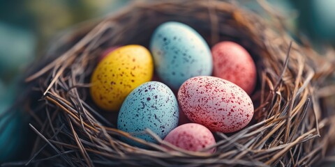 Aufkleber - Easter nest with colorful tiny eggs. Close-up of dyed eggs. Adorable Easter symbol. Simple minimalist design. Easter celebration.