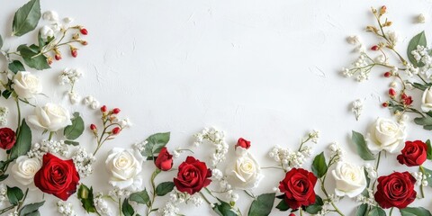 Aufkleber - White and red roses (Burnet double white, shrub rose) and lily of the valley on a white backdrop with room for text. Flat lay.