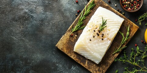 Aufkleber - Cod white fish fillet, a fresh and healthy meal, serves as a food snack option for a diet, displayed on the table with copy space in a rustic top view, suitable for a pescatarian diet.