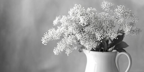 Aufkleber - a bouquet of small, delicate white elderberry flowers in a white jug, a black and white image with copyspace