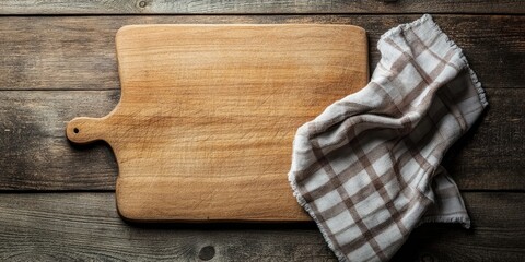 Aufkleber - Empty wooden cutting board with a kitchen cloth on a wooden surface.