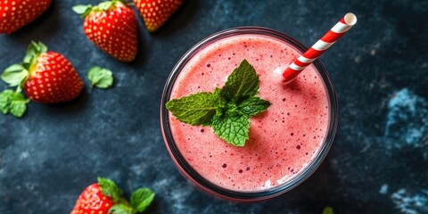 Aufkleber - Fresh organic strawberry smoothie garnished with mint and a red striped straw on a marbled surface