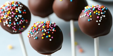 Poster - Close-up of festive chocolate cake pops with candy sprinkles on a white table. Deliberate selective focus.