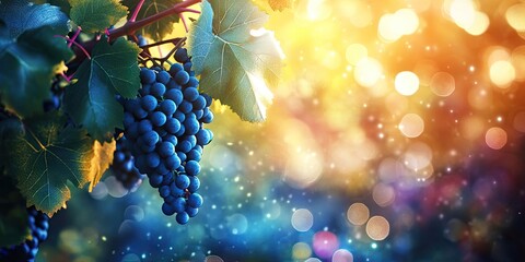 Poster - Close-up image of a vine branch featuring green leaves and an isolated dark blue ripe grape cluster illuminated by bright sunlight against a blurred colorful bokeh copyspace background