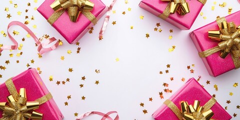 Poster - Festive flat lay of vibrant pink gift boxes featuring golden bows adorned with glitter and streamers on a white background, with copyspace, viewed from above.