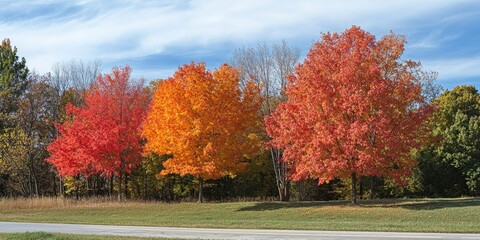 Poster - The trees along the roadside displaying autumn colors.