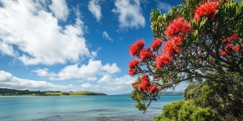 Aufkleber - Pohutukawa red flowers bloom.