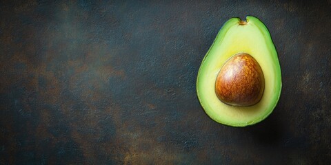 Poster - Avocado on a dark wood surface. Close-up of half an avocado. Top view. Copy space.