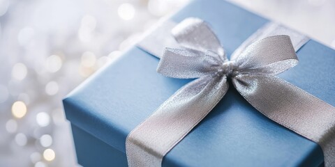 Aufkleber - A gift in a blue box with a silver ribbon on a table set against a white background in close-up.