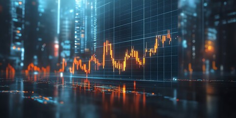 Poster - Abstract stock market graph overlayed on a city at night.