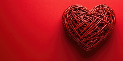 Aufkleber - Red wicker heart rests on a red paper background. Empty copy space for a message. Happy Valentine's Day.