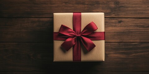 Poster - Gift box made of craft paper with a red bow on a close-up of a brown brushed wooden background.
