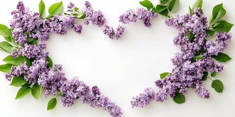Leinwandbilder - A heart-shaped arrangement of lilac branches and flowers on a white background, top view, flat lay, copy space for Easter, Mother's Day, and Women's Day.