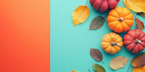 Poster - Flat lay featuring pumpkins and leaves on a colored paper background with copy space. Template for fall harvest, Thanksgiving, and Halloween invitation cards. Top view autumn arrangement.