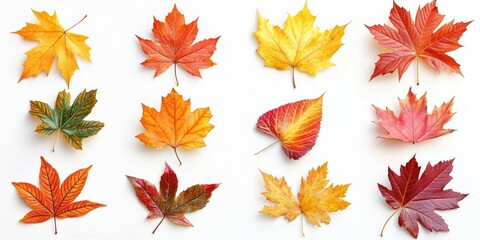 Poster - A collection of autumn leaves set against a white background. Vibrant maple leaves. Foliage.