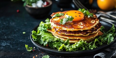 Aufkleber - Breakfast choice. American pancakes served with lettuce leaves. Rustic style. Dark backdrop. Copy space. Selective focus. The idea of a healthy diet or nutritional eating.