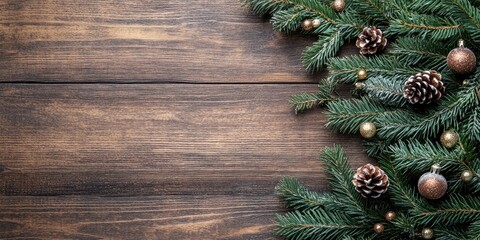 Poster - Christmas and New Year arrangement on a wooden surface. Postcard featuring a fir branch and decorations. Top view. Flat lay. Copy space.