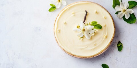 Aufkleber - Homemade vanilla cheesecake featuring a vanilla flower on a white background - a healthy organic summer dessert pie. New York cheesecake. Top view, copyspace for text. Menu, recipe, confectionery.