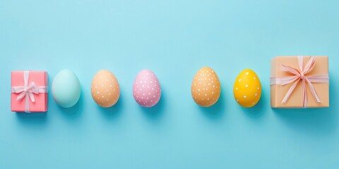 Aufkleber - Easter holiday backdrop featuring eggs. A top view of a row of colorful painted chicken eggs alongside a gift box with a ribbon.