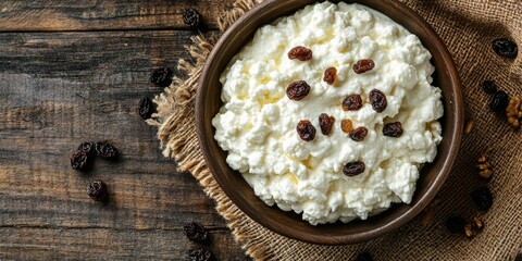 Aufkleber - Cottage cheese in a bowl with sour cream and raisins on a rustic wooden background, featuring copy space for your text. Top view.