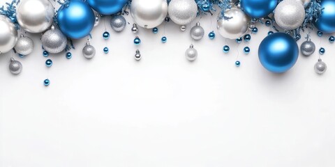 Poster - Shiny blue and silver Christmas balloons along with a garland on a white background, providing space for text.