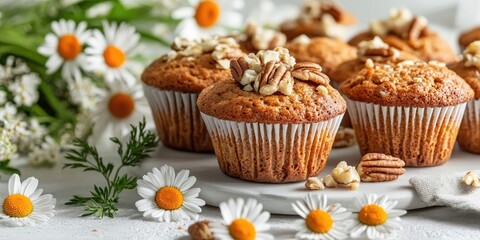Aufkleber - Carrot cake muffins featuring nuts, raisins, and oats on a white background. A bouquet of carrots and daisies sits on the table. Country style. Copy space for text.