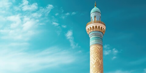 Mosque minaret tower set against a blue sky.