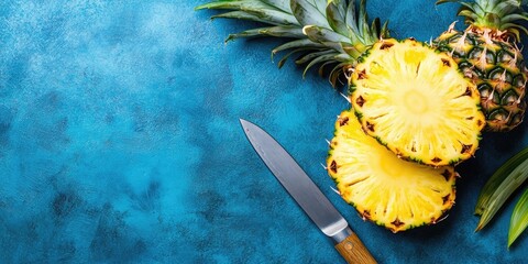 Aufkleber - Pineapple sliced with a knife on a blue backdrop. Vertical image. Copyspace for design. Summer food concept.