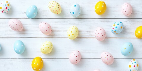 Aufkleber - Stylish backdrop featuring vibrant Easter eggs on a white wooden surface. Flat lay, top view, mockup, overhead, template.