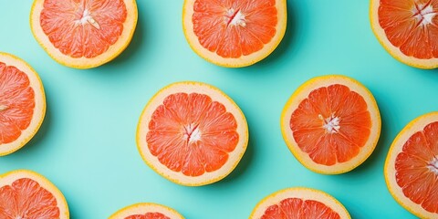 Poster - Fresh grapefruit slices on a colorful background. Top view. Copy space. A creative summer idea. Halved citrus in a minimal flat lay with copy space.